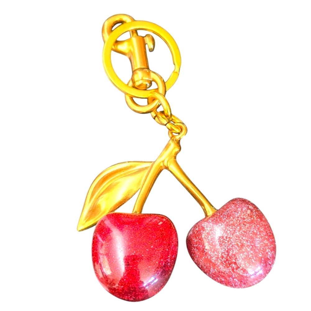 TwoTone Pink and Red Glitter Cherry Purse Charm with Matte Gold Accents - Picture 2 of 2